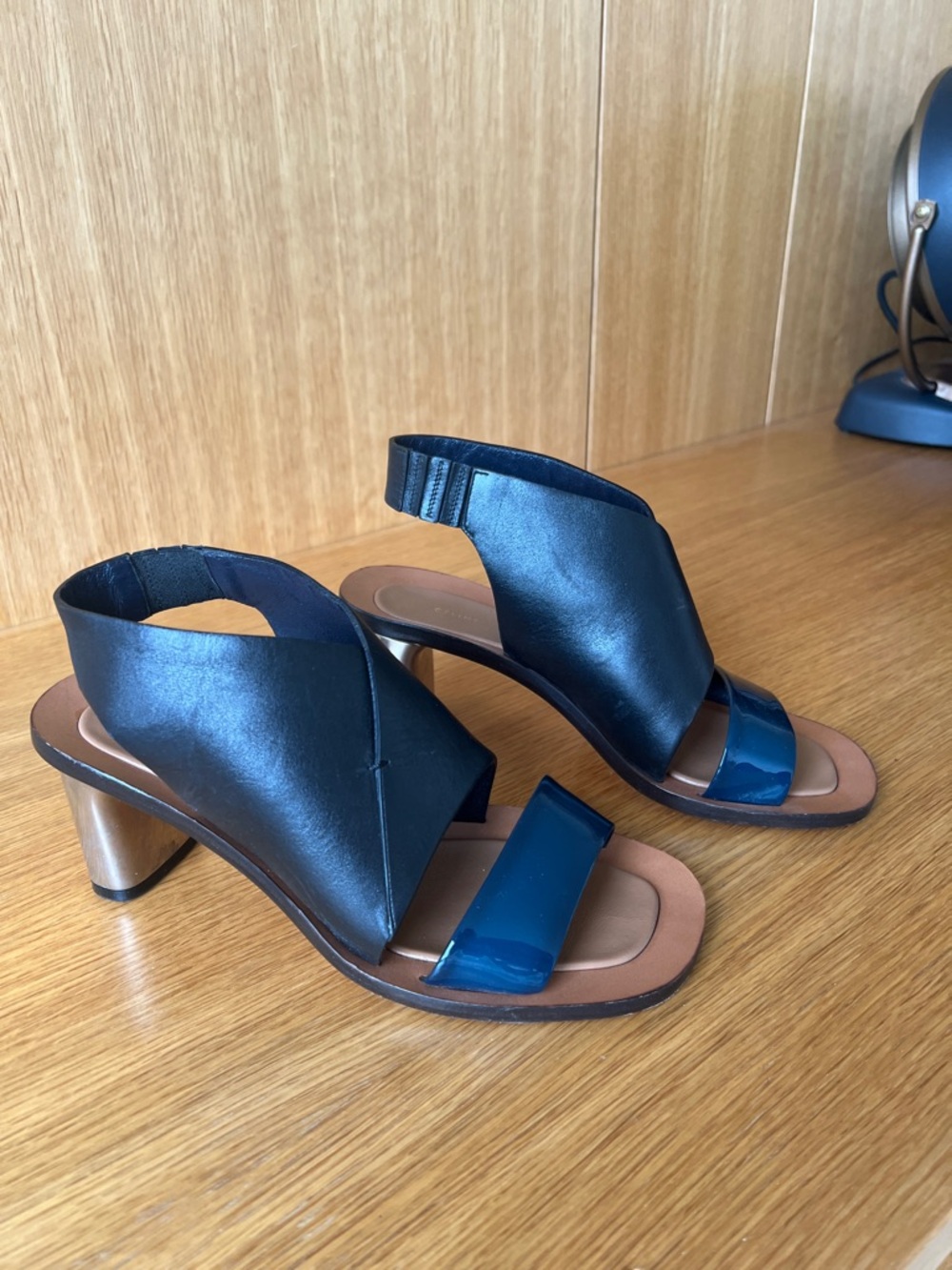 Celine Black Leather and Navy Patent Open-Toe Block Heel Sandals